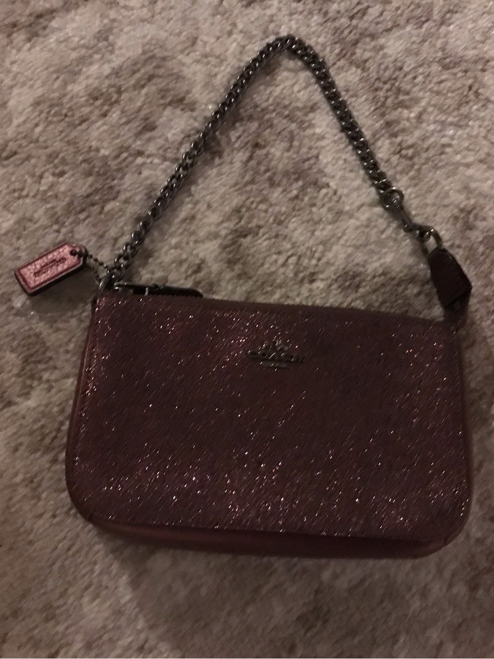Coach Metallic Cherry Glitter Wristlet With Chain Strap & Zip